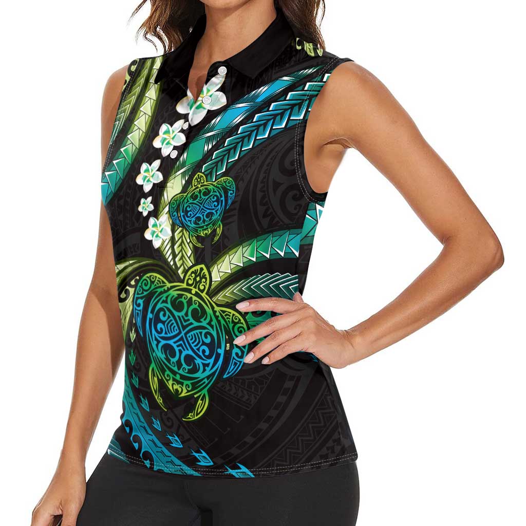 Hawaii Turtles Plumeria Women Sleeveless Polo Shirt Chartreuse Cyan Polynesian Pattern