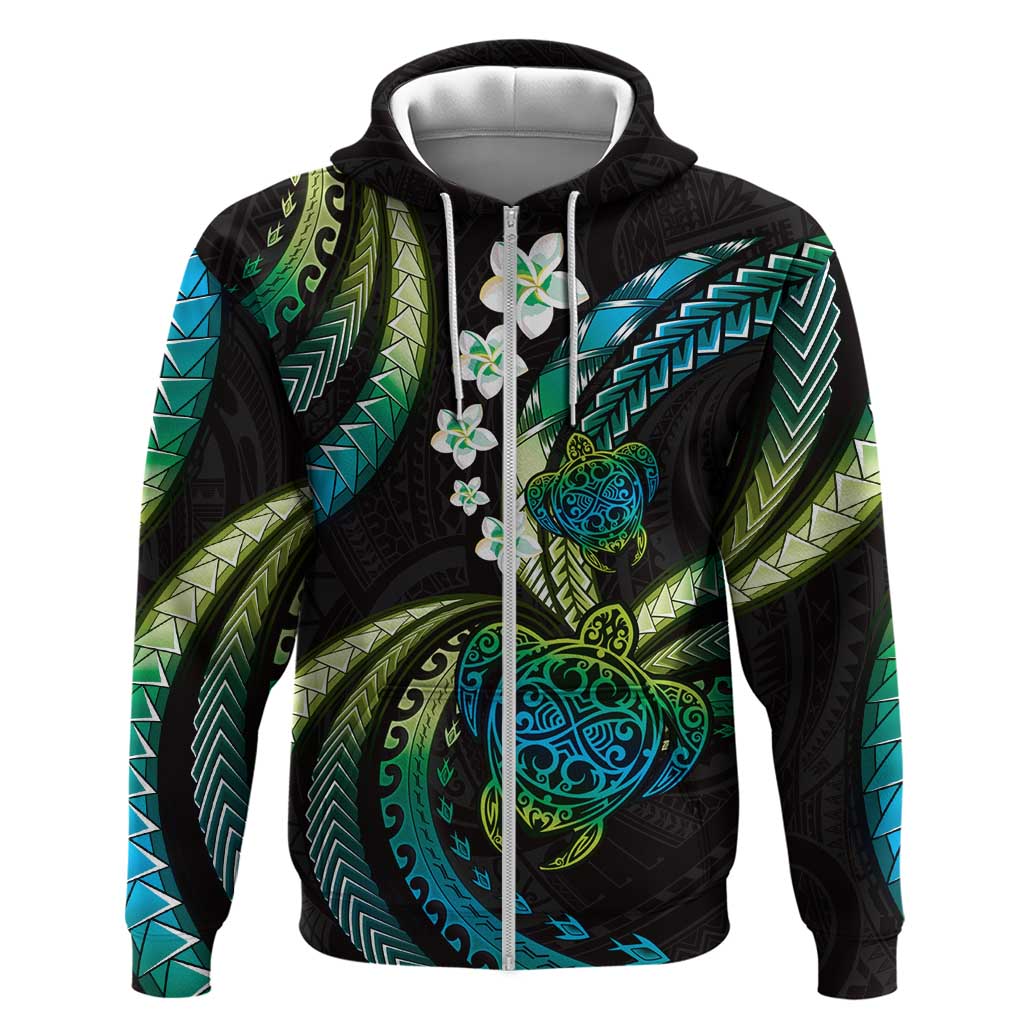 Hawaii Turtles Plumeria Zip Hoodie Chartreuse Cyan Polynesian Pattern