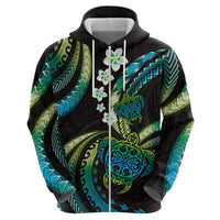 Hawaii Turtles Plumeria Zip Hoodie Chartreuse Cyan Polynesian Pattern