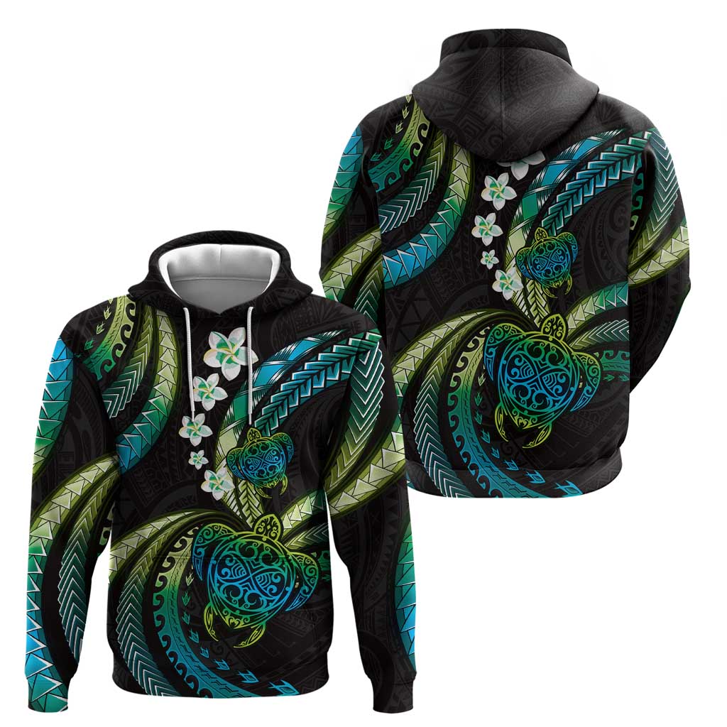 Hawaii Turtles Plumeria Zip Hoodie Chartreuse Cyan Polynesian Pattern