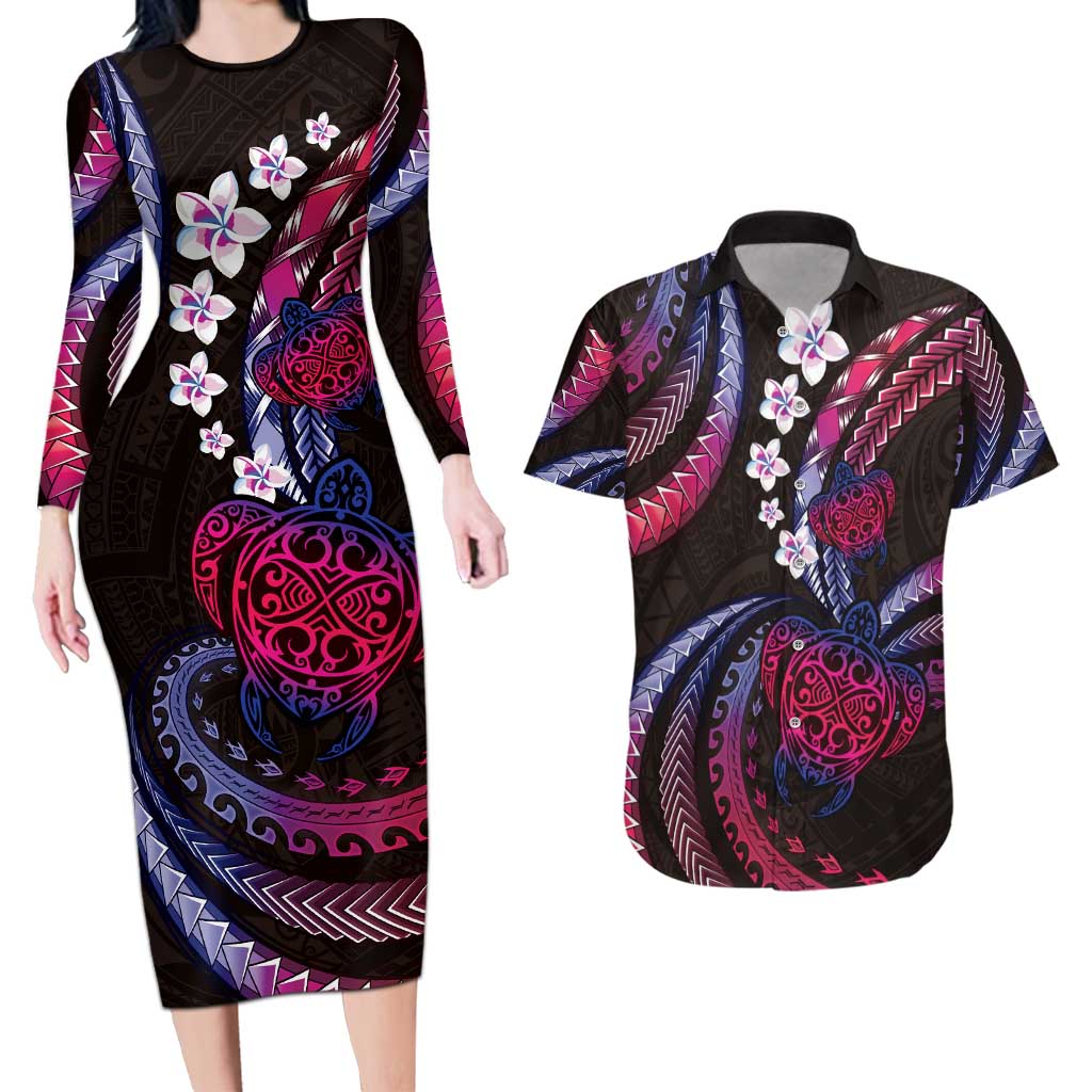 Hawaii Turtles Plumeria Couples Matching Long Sleeve Bodycon Dress and Hawaiian Shirt Sweet Gradient Polynesian Pattern LT01 Pink - Polynesian Pride