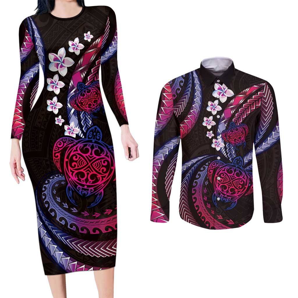 Hawaii Turtles Plumeria Couples Matching Long Sleeve Bodycon Dress and Long Sleeve Button Shirt Sweet Gradient Polynesian Pattern LT01 Pink - Polynesian Pride