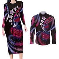 Hawaii Turtles Plumeria Couples Matching Long Sleeve Bodycon Dress and Long Sleeve Button Shirt Sweet Gradient Polynesian Pattern LT01 Pink - Polynesian Pride