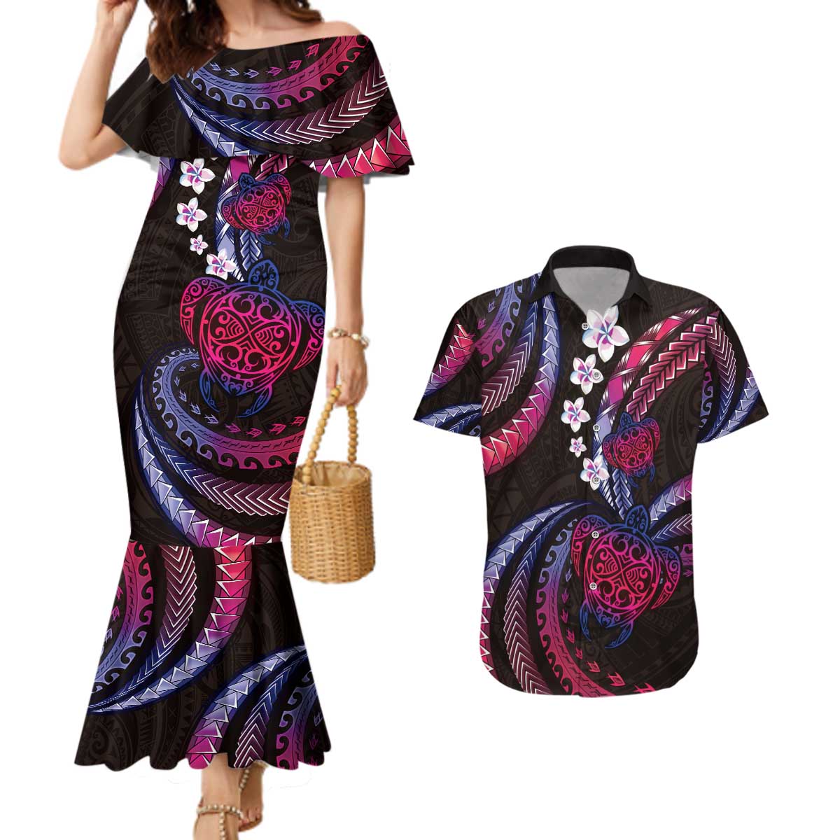 Hawaii Turtles Plumeria Couples Matching Mermaid Dress and Hawaiian Shirt Sweet Gradient Polynesian Pattern LT01 Pink - Polynesian Pride