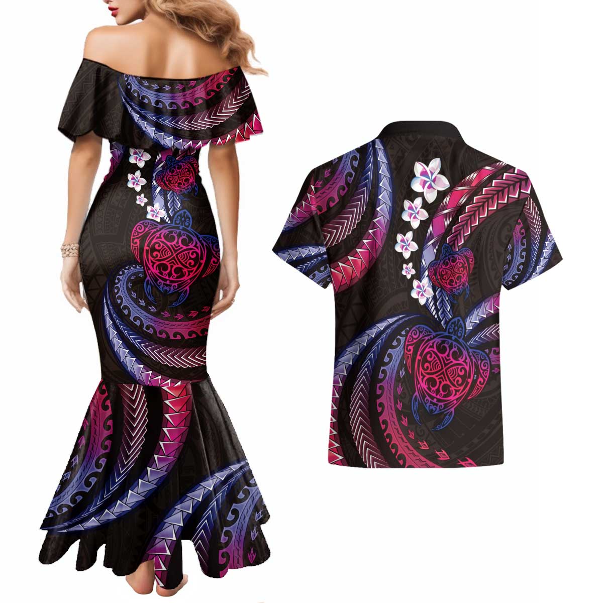 Hawaii Turtles Plumeria Couples Matching Mermaid Dress and Hawaiian Shirt Sweet Gradient Polynesian Pattern LT01 - Polynesian Pride