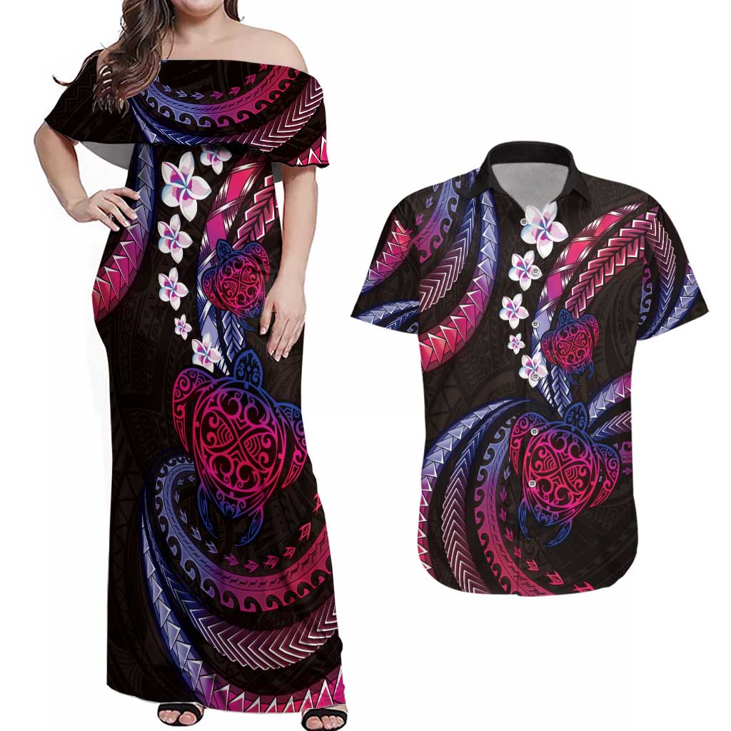 Hawaii Turtles Plumeria Couples Matching Off Shoulder Maxi Dress and Hawaiian Shirt Sweet Gradient Polynesian Pattern LT01 Pink - Polynesian Pride