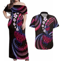 Hawaii Turtles Plumeria Couples Matching Off Shoulder Maxi Dress and Hawaiian Shirt Sweet Gradient Polynesian Pattern LT01 Pink - Polynesian Pride