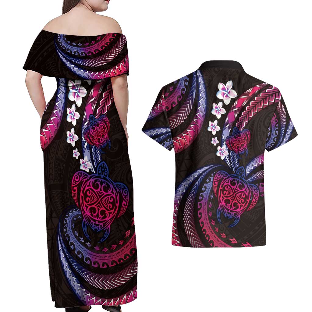 Hawaii Turtles Plumeria Couples Matching Off Shoulder Maxi Dress and Hawaiian Shirt Sweet Gradient Polynesian Pattern LT01 - Polynesian Pride