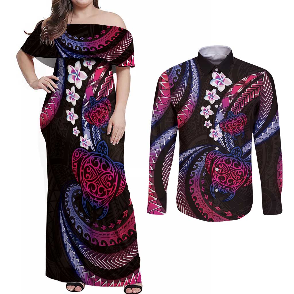 Hawaii Turtles Plumeria Couples Matching Off Shoulder Maxi Dress and Long Sleeve Button Shirt Sweet Gradient Polynesian Pattern LT01 Pink - Polynesian Pride