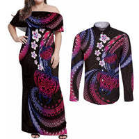 Hawaii Turtles Plumeria Couples Matching Off Shoulder Maxi Dress and Long Sleeve Button Shirt Sweet Gradient Polynesian Pattern LT01 Pink - Polynesian Pride
