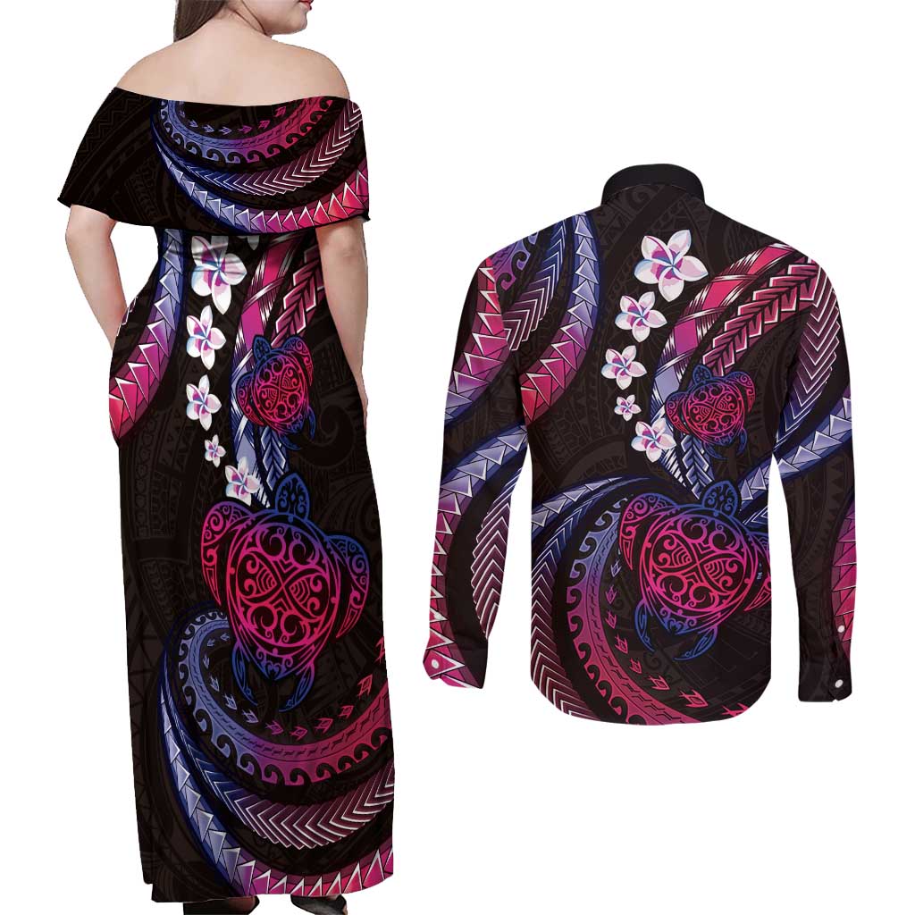 Hawaii Turtles Plumeria Couples Matching Off Shoulder Maxi Dress and Long Sleeve Button Shirt Sweet Gradient Polynesian Pattern LT01 - Polynesian Pride