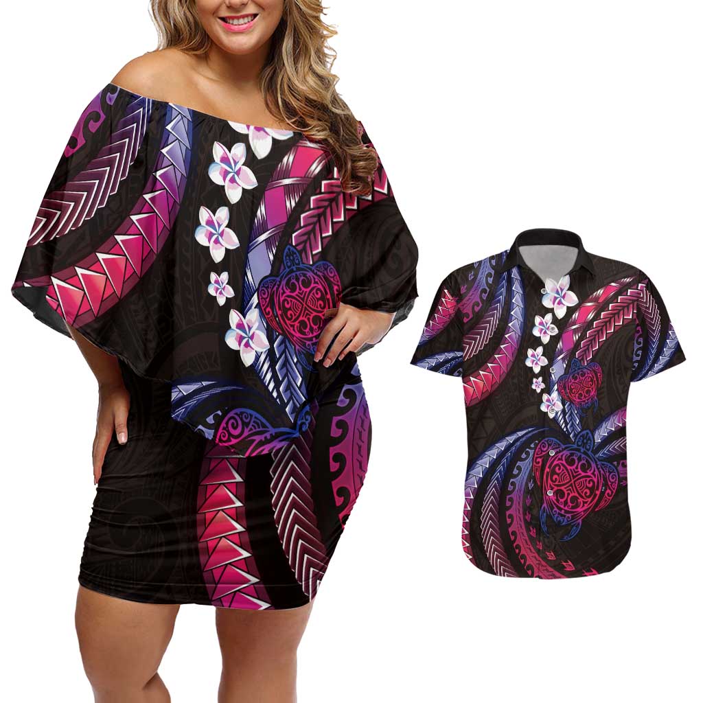 Hawaii Turtles Plumeria Couples Matching Off Shoulder Short Dress and Hawaiian Shirt Sweet Gradient Polynesian Pattern LT01 Pink - Polynesian Pride