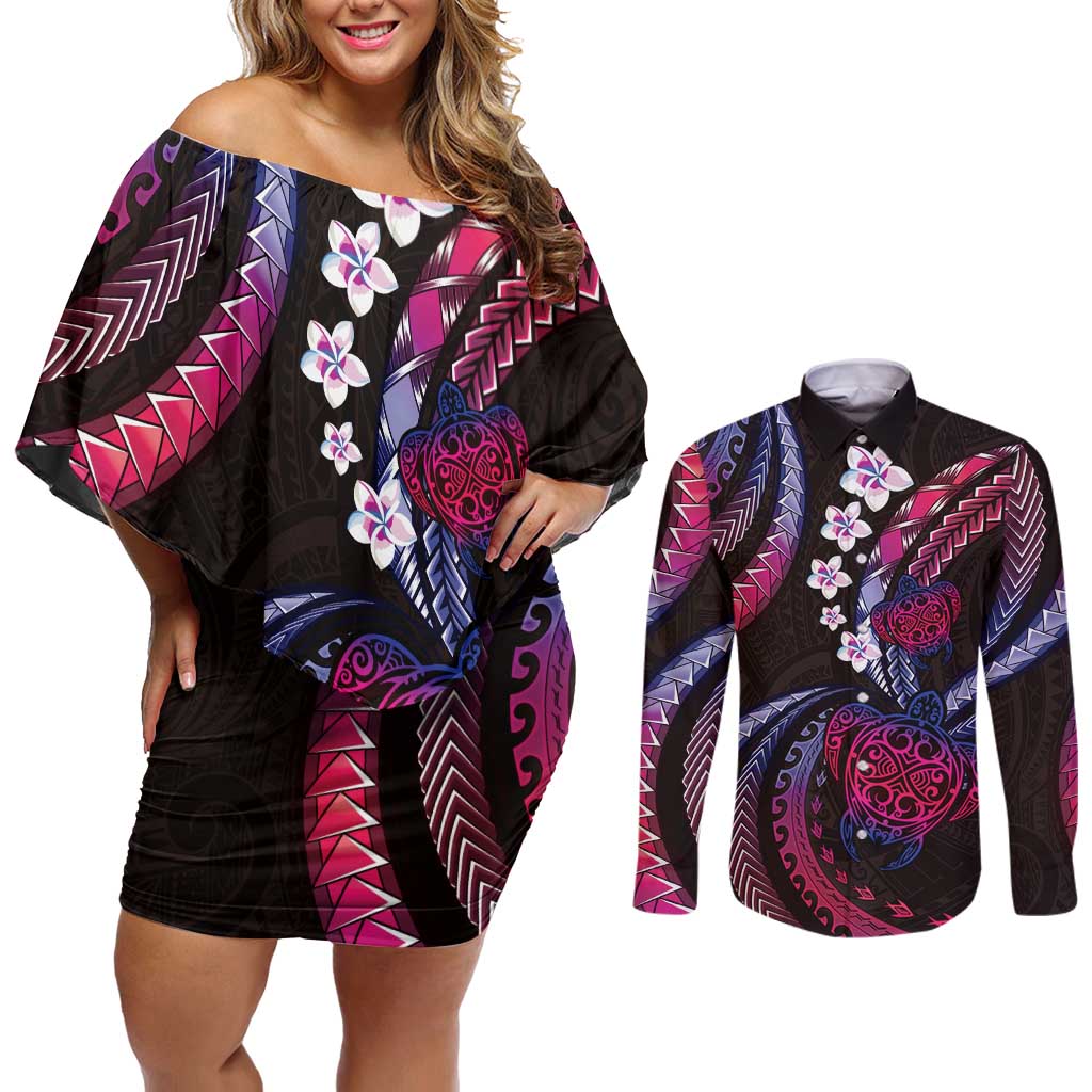 Hawaii Turtles Plumeria Couples Matching Off Shoulder Short Dress and Long Sleeve Button Shirt Sweet Gradient Polynesian Pattern LT01 Pink - Polynesian Pride
