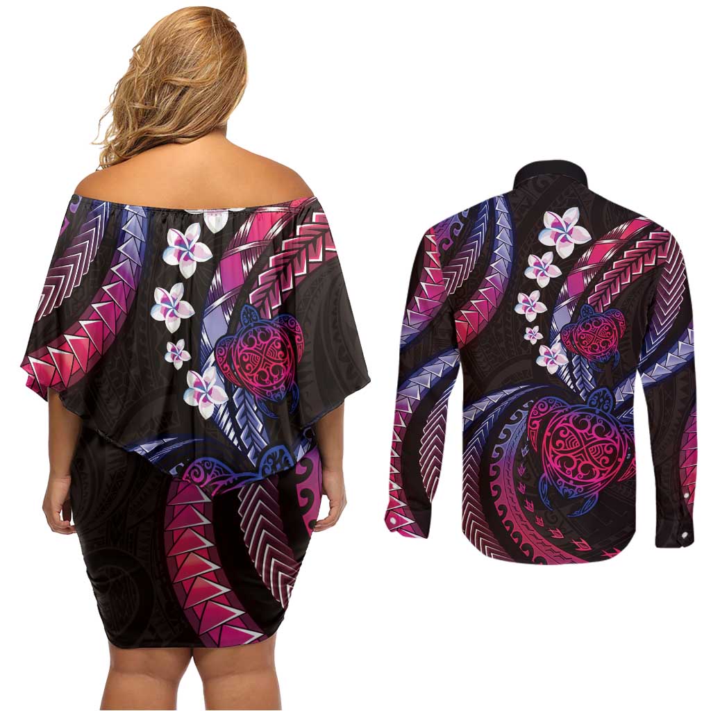 Hawaii Turtles Plumeria Couples Matching Off Shoulder Short Dress and Long Sleeve Button Shirt Sweet Gradient Polynesian Pattern LT01 - Polynesian Pride
