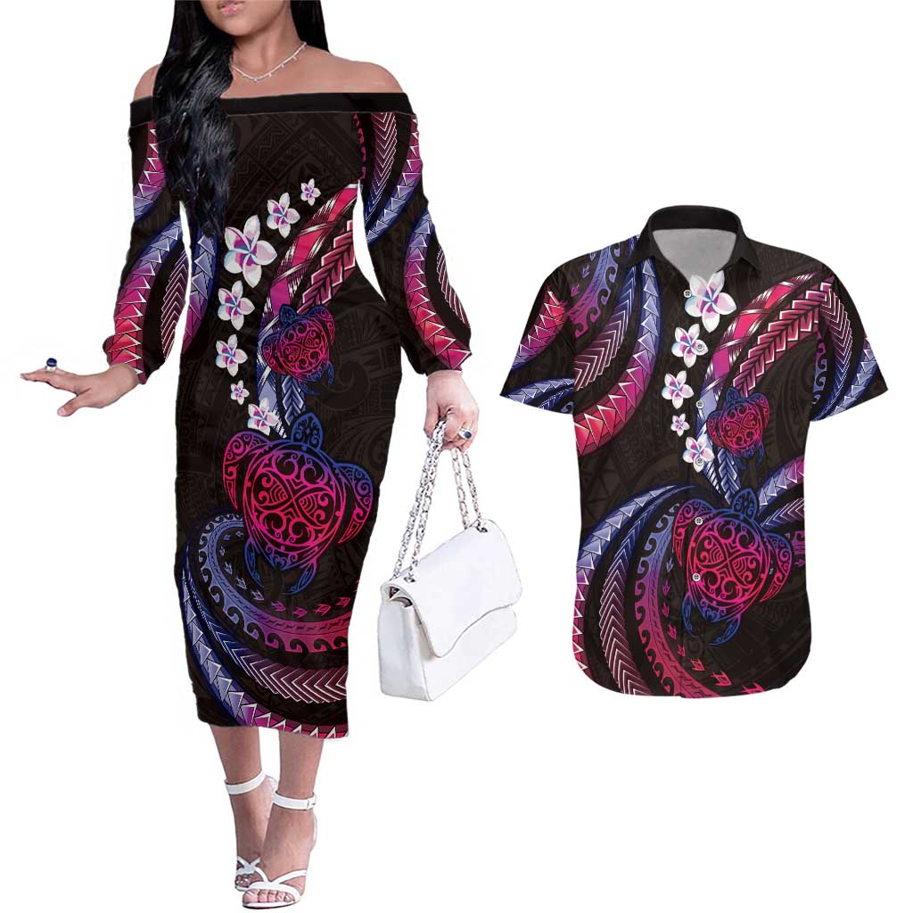 Hawaii Turtles Plumeria Couples Matching Off The Shoulder Long Sleeve Dress and Hawaiian Shirt Sweet Gradient Polynesian Pattern LT01 Pink - Polynesian Pride