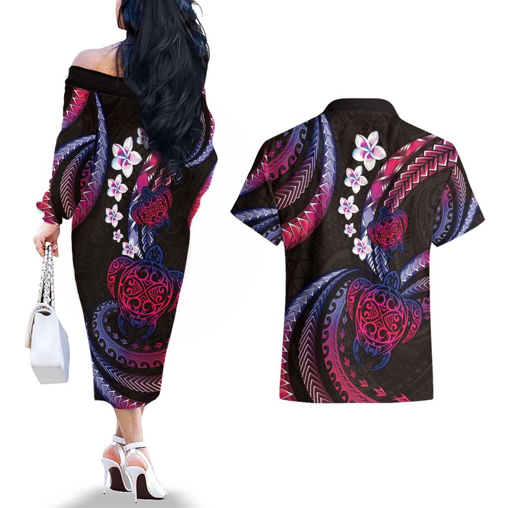 Hawaii Turtles Plumeria Couples Matching Off The Shoulder Long Sleeve Dress and Hawaiian Shirt Sweet Gradient Polynesian Pattern LT01 - Polynesian Pride