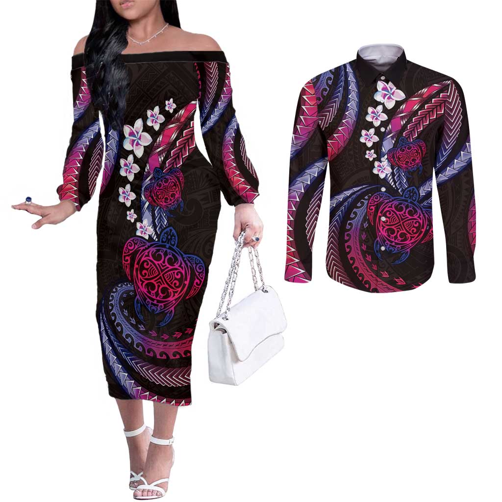 Hawaii Turtles Plumeria Couples Matching Off The Shoulder Long Sleeve Dress and Long Sleeve Button Shirt Sweet Gradient Polynesian Pattern LT01 Pink - Polynesian Pride