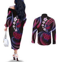 Hawaii Turtles Plumeria Couples Matching Off The Shoulder Long Sleeve Dress and Long Sleeve Button Shirt Sweet Gradient Polynesian Pattern LT01 - Polynesian Pride
