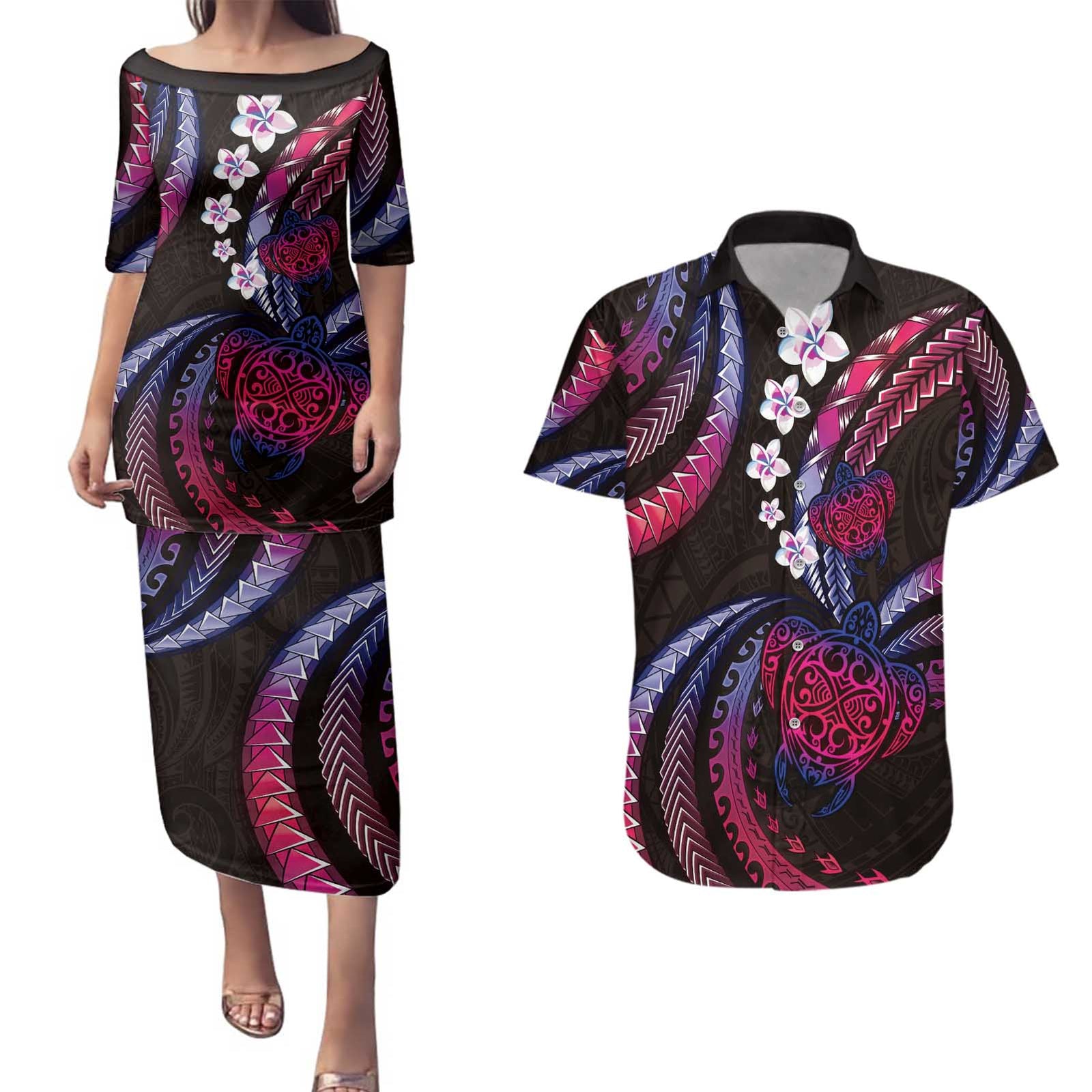 Hawaii Turtles Plumeria Couples Matching Puletasi and Hawaiian Shirt Sweet Gradient Polynesian Pattern LT01 Pink - Polynesian Pride