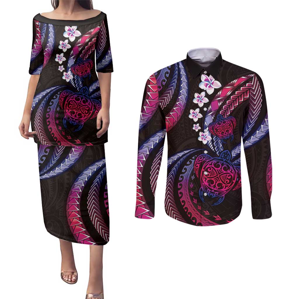 Hawaii Turtles Plumeria Couples Matching Puletasi and Long Sleeve Button Shirt Sweet Gradient Polynesian Pattern