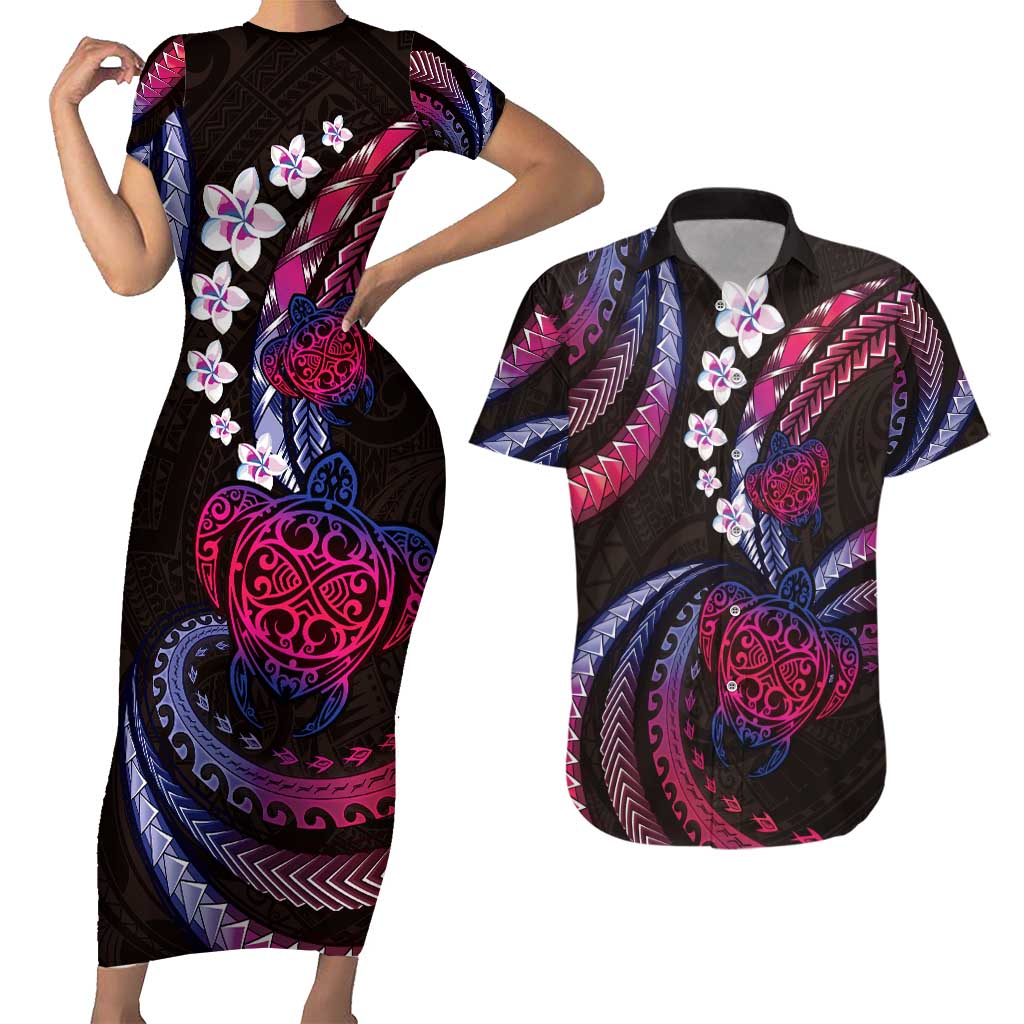 Hawaii Turtles Plumeria Couples Matching Short Sleeve Bodycon Dress and Hawaiian Shirt Sweet Gradient Polynesian Pattern