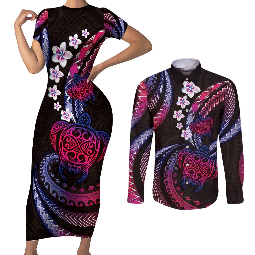 Hawaii Turtles Plumeria Couples Matching Short Sleeve Bodycon Dress and Long Sleeve Button Shirt Sweet Gradient Polynesian Pattern LT01 Pink - Polynesian Pride