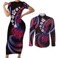 Hawaii Turtles Plumeria Couples Matching Short Sleeve Bodycon Dress and Long Sleeve Button Shirt Sweet Gradient Polynesian Pattern LT01 Pink - Polynesian Pride