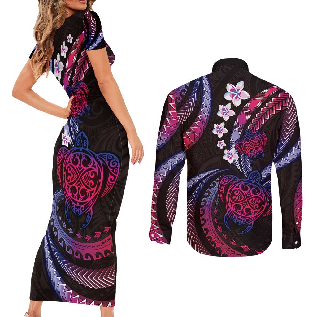 Hawaii Turtles Plumeria Couples Matching Short Sleeve Bodycon Dress and Long Sleeve Button Shirt Sweet Gradient Polynesian Pattern LT01 - Polynesian Pride