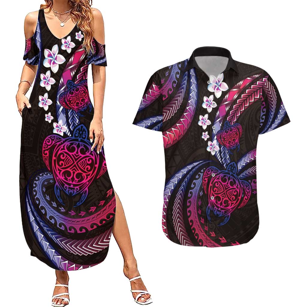 Hawaii Turtles Plumeria Couples Matching Summer Maxi Dress and Hawaiian Shirt Sweet Gradient Polynesian Pattern LT01 Pink - Polynesian Pride