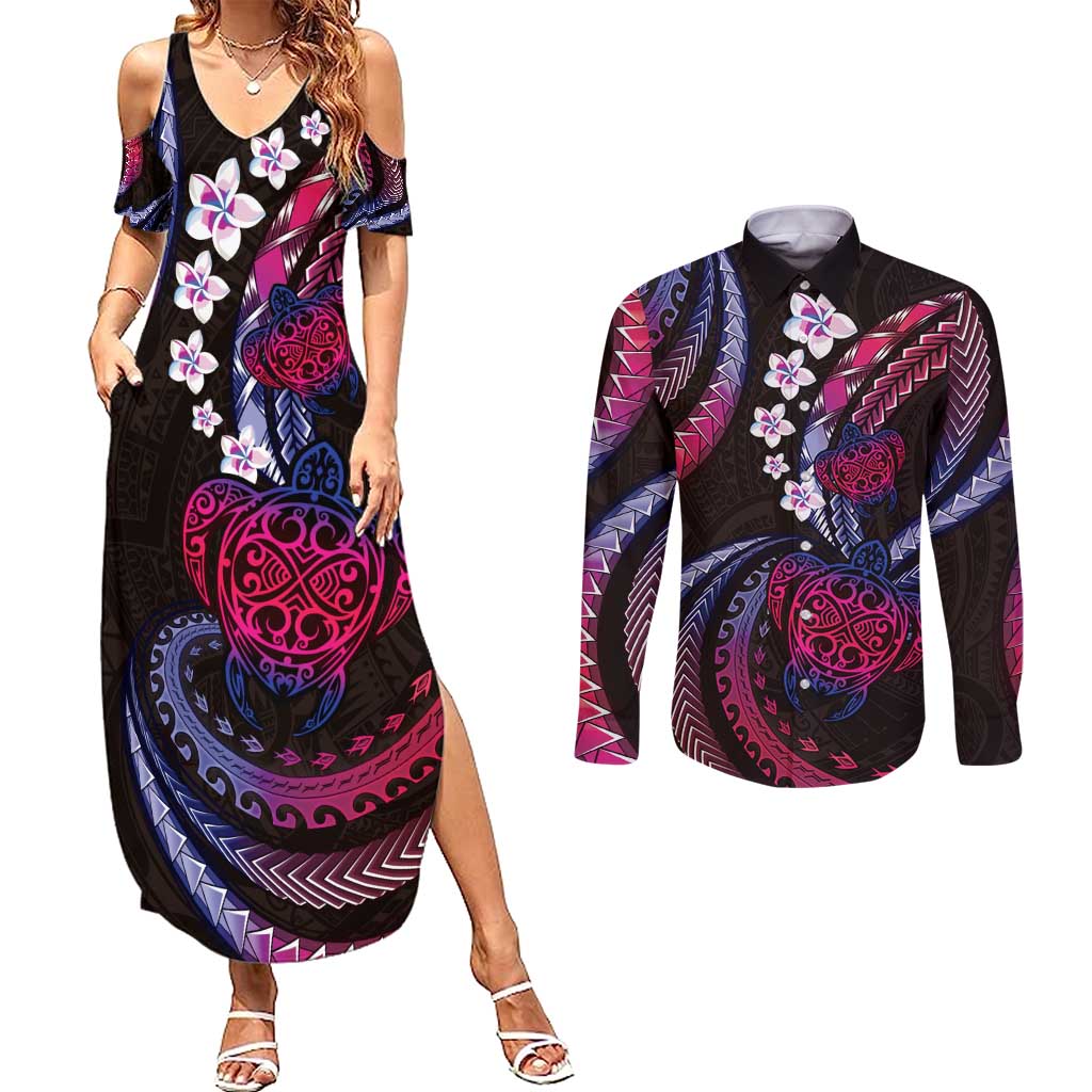 Hawaii Turtles Plumeria Couples Matching Summer Maxi Dress and Long Sleeve Button Shirt Sweet Gradient Polynesian Pattern LT01 Pink - Polynesian Pride