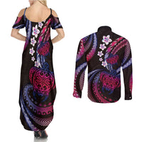Hawaii Turtles Plumeria Couples Matching Summer Maxi Dress and Long Sleeve Button Shirt Sweet Gradient Polynesian Pattern LT01 - Polynesian Pride