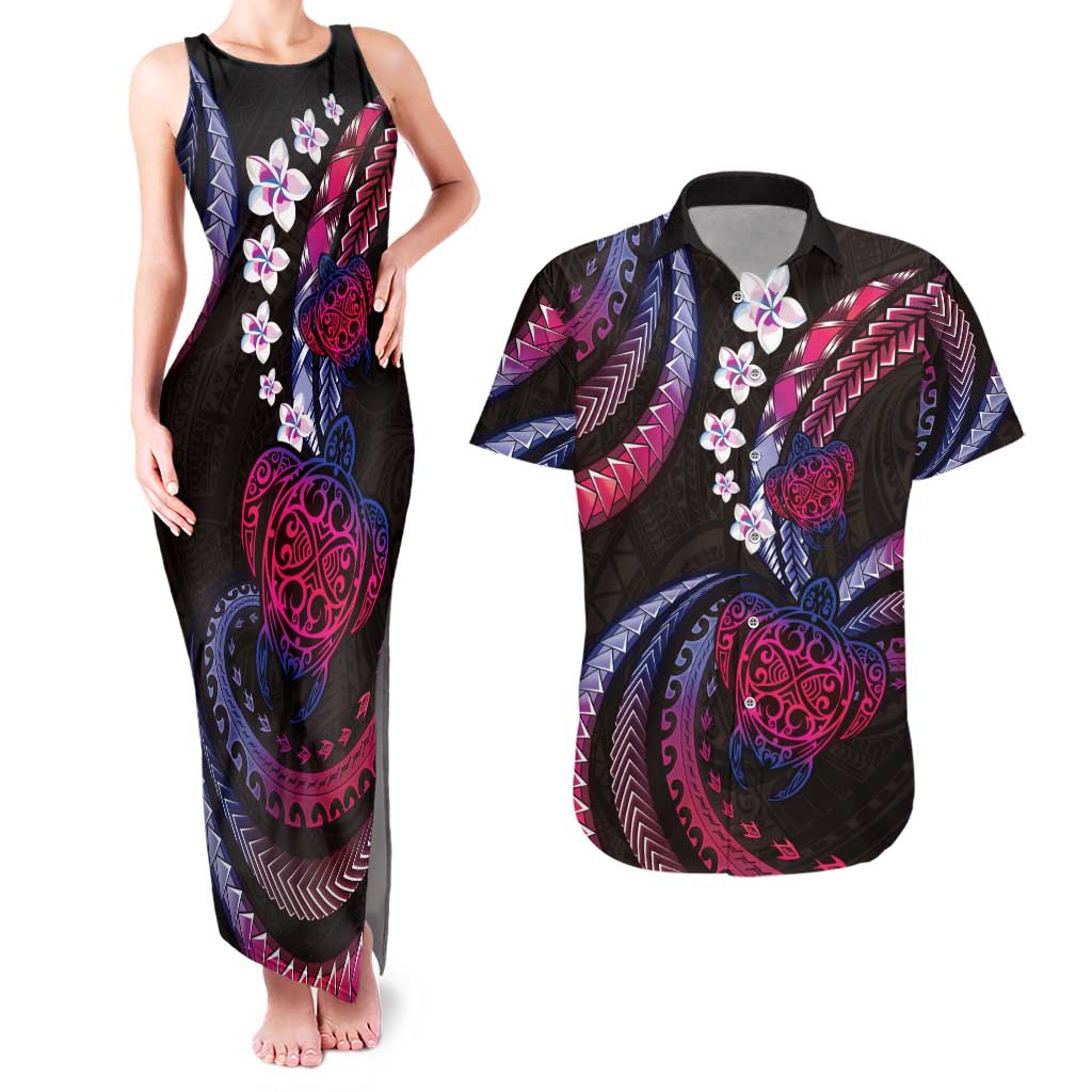 Hawaii Turtles Plumeria Couples Matching Tank Maxi Dress and Hawaiian Shirt Sweet Gradient Polynesian Pattern LT01 Pink - Polynesian Pride