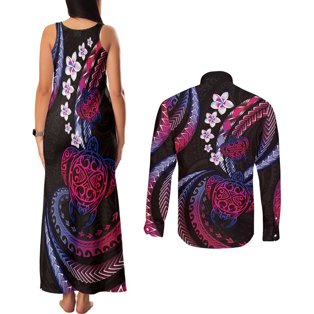 Hawaii Turtles Plumeria Couples Matching Tank Maxi Dress and Long Sleeve Button Shirt Sweet Gradient Polynesian Pattern LT01 - Polynesian Pride