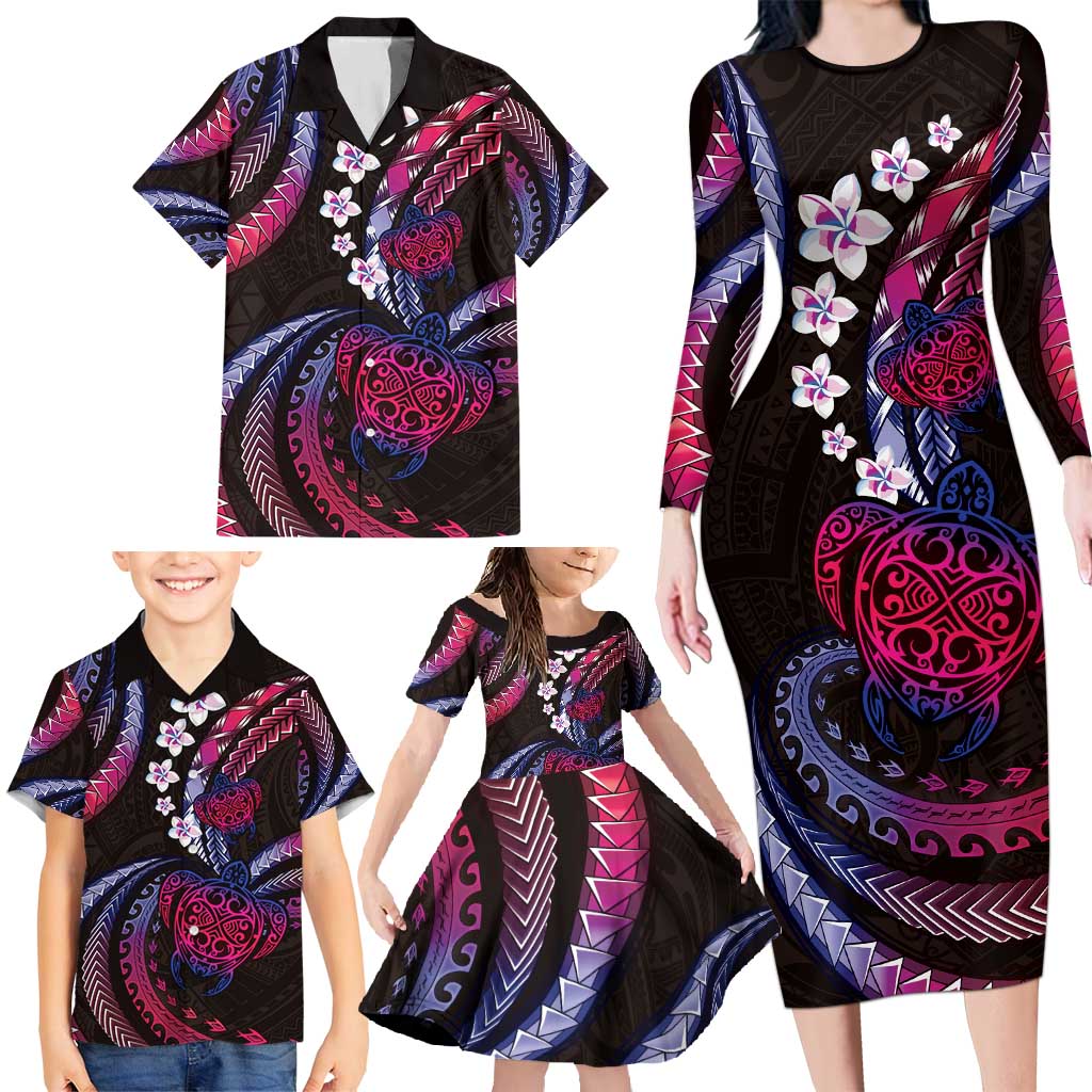 Hawaii Turtles Plumeria Family Matching Long Sleeve Bodycon Dress and Hawaiian Shirt Sweet Gradient Polynesian Pattern