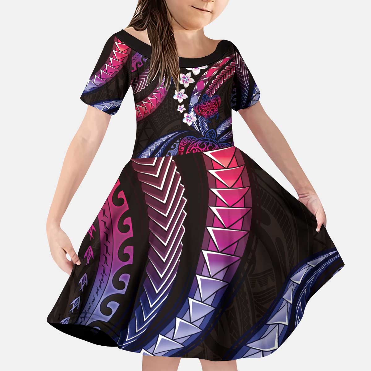 Hawaii Turtles Plumeria Kid Short Sleeve Dress Sweet Gradient Polynesian Pattern