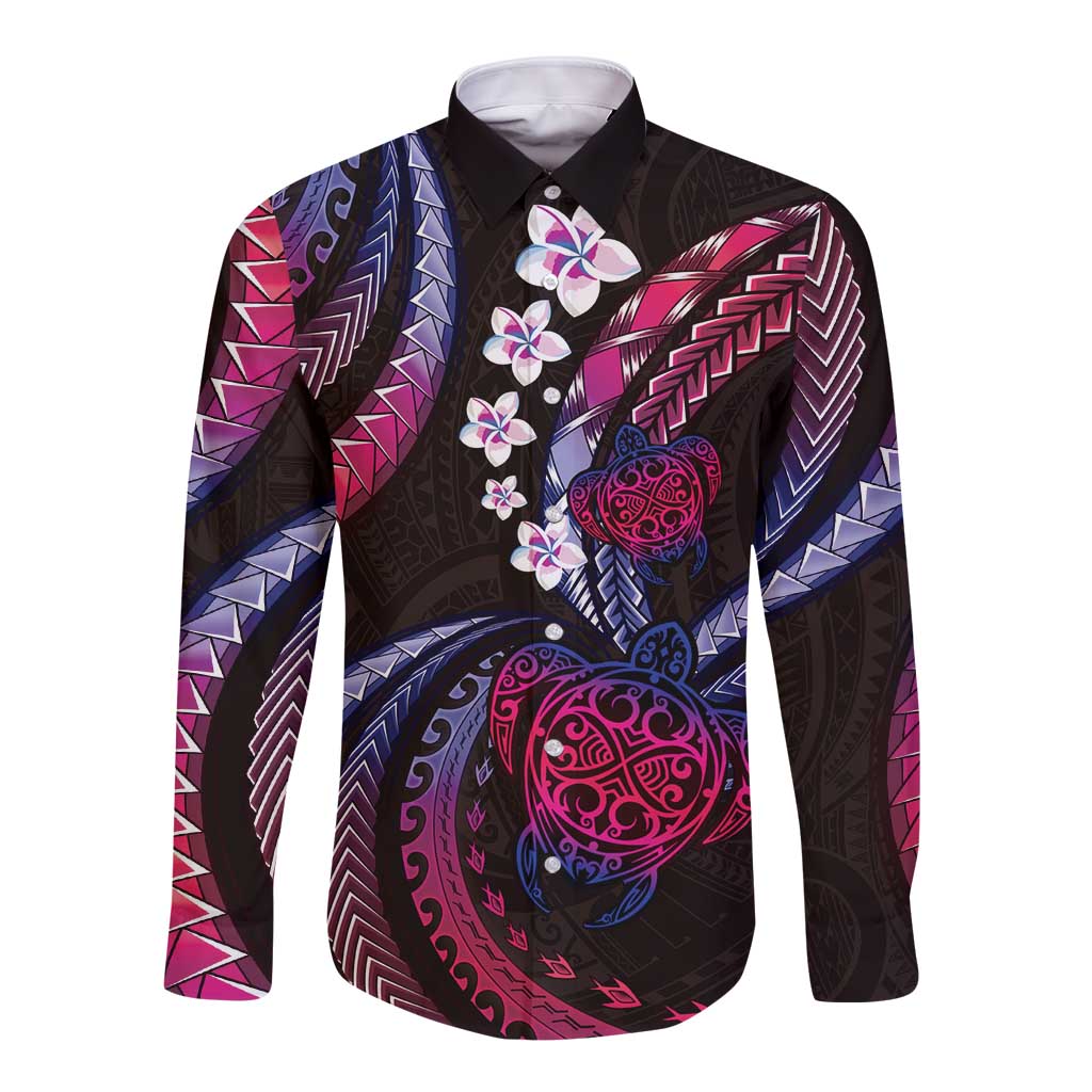 Hawaii Turtles Plumeria Long Sleeve Button Shirt Sweet Gradient Polynesian Pattern LT01 Unisex Pink - Polynesian Pride
