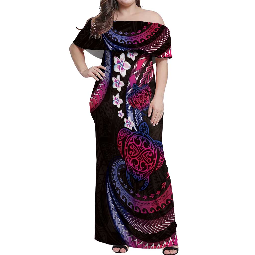 Hawaii Turtles Plumeria Off Shoulder Maxi Dress Sweet Gradient Polynesian Pattern LT01 Women Pink - Polynesian Pride