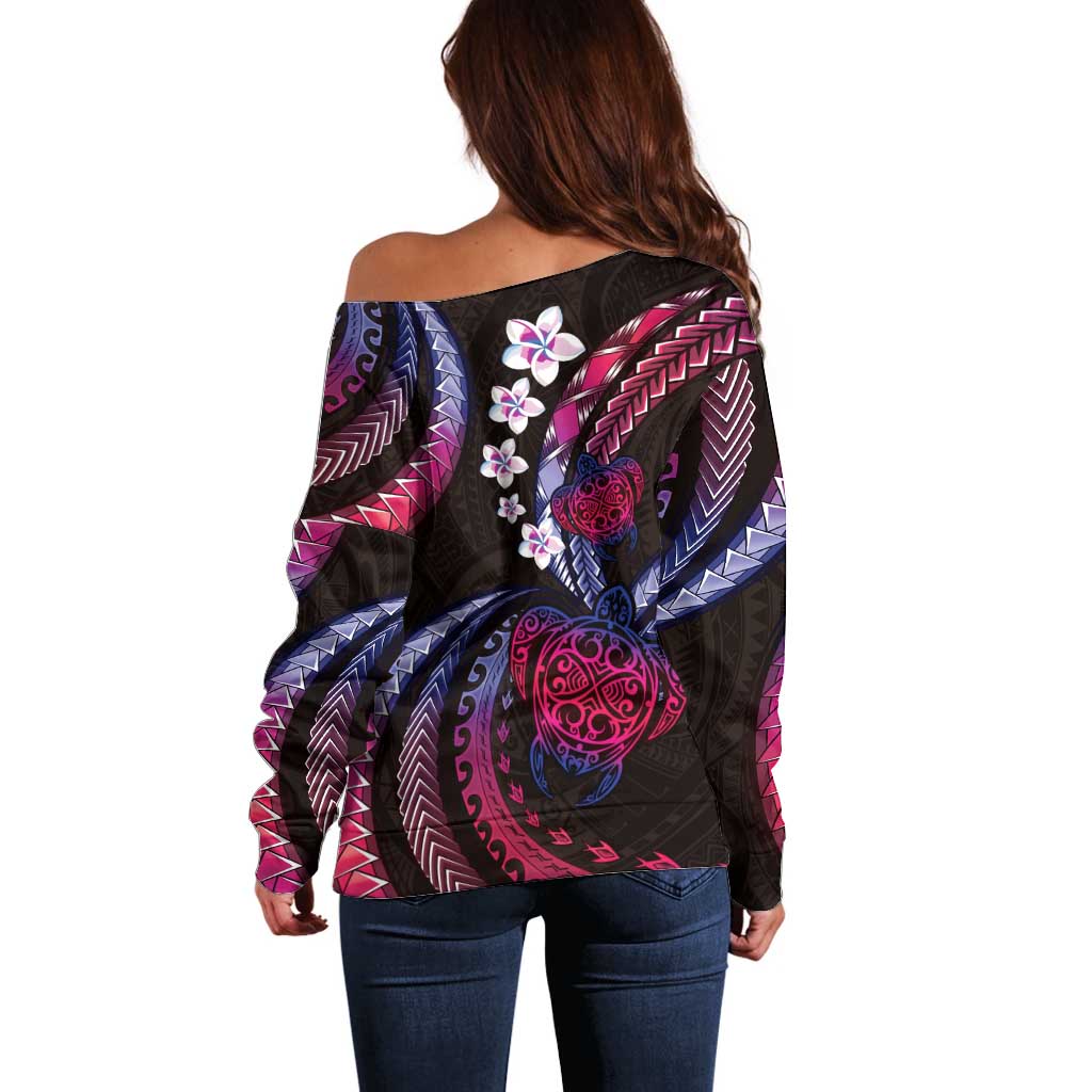 Hawaii Turtles Plumeria Off Shoulder Sweater Sweet Gradient Polynesian Pattern
