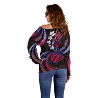 Hawaii Turtles Plumeria Off Shoulder Sweater Sweet Gradient Polynesian Pattern