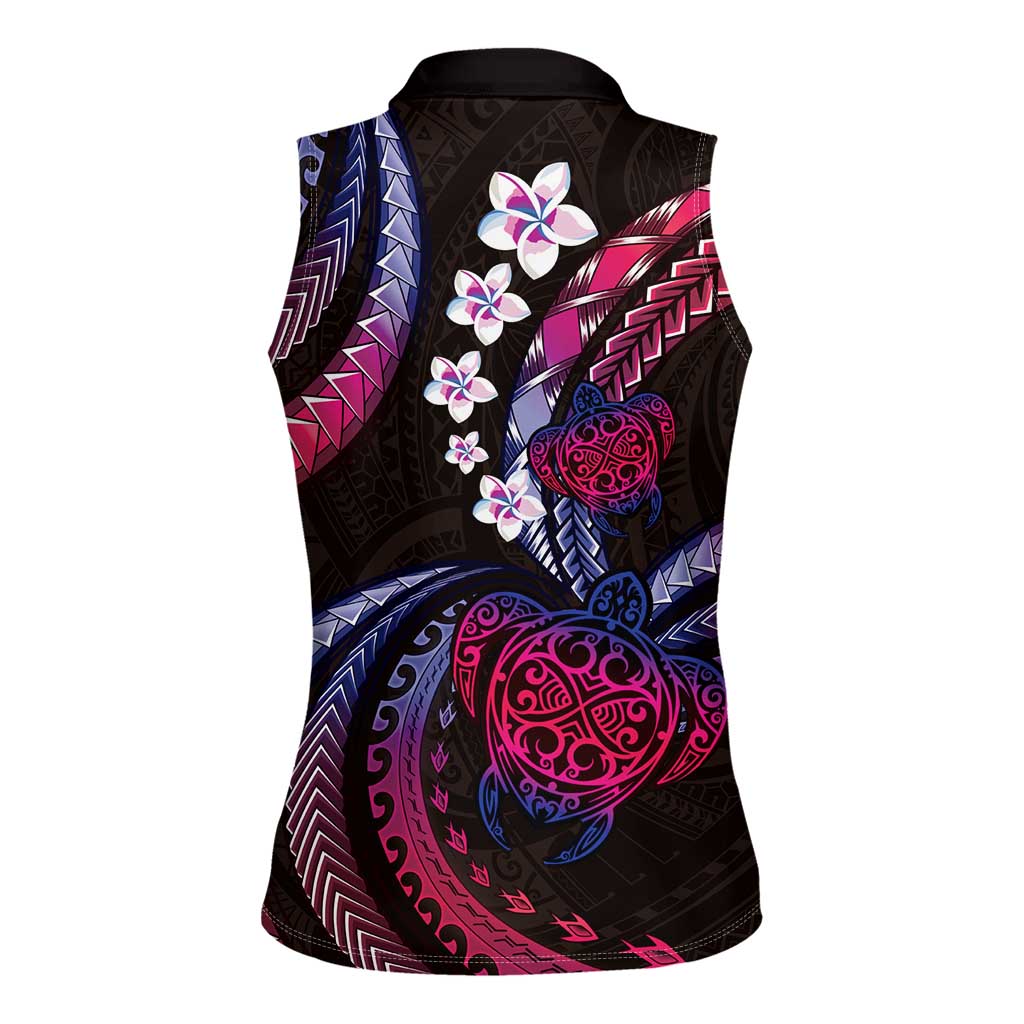 Hawaii Turtles Plumeria Women Sleeveless Polo Shirt Sweet Gradient Polynesian Pattern