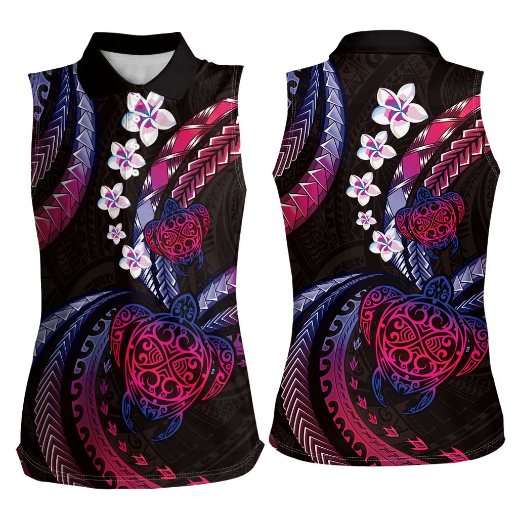 Hawaii Turtles Plumeria Women Sleeveless Polo Shirt Sweet Gradient Polynesian Pattern