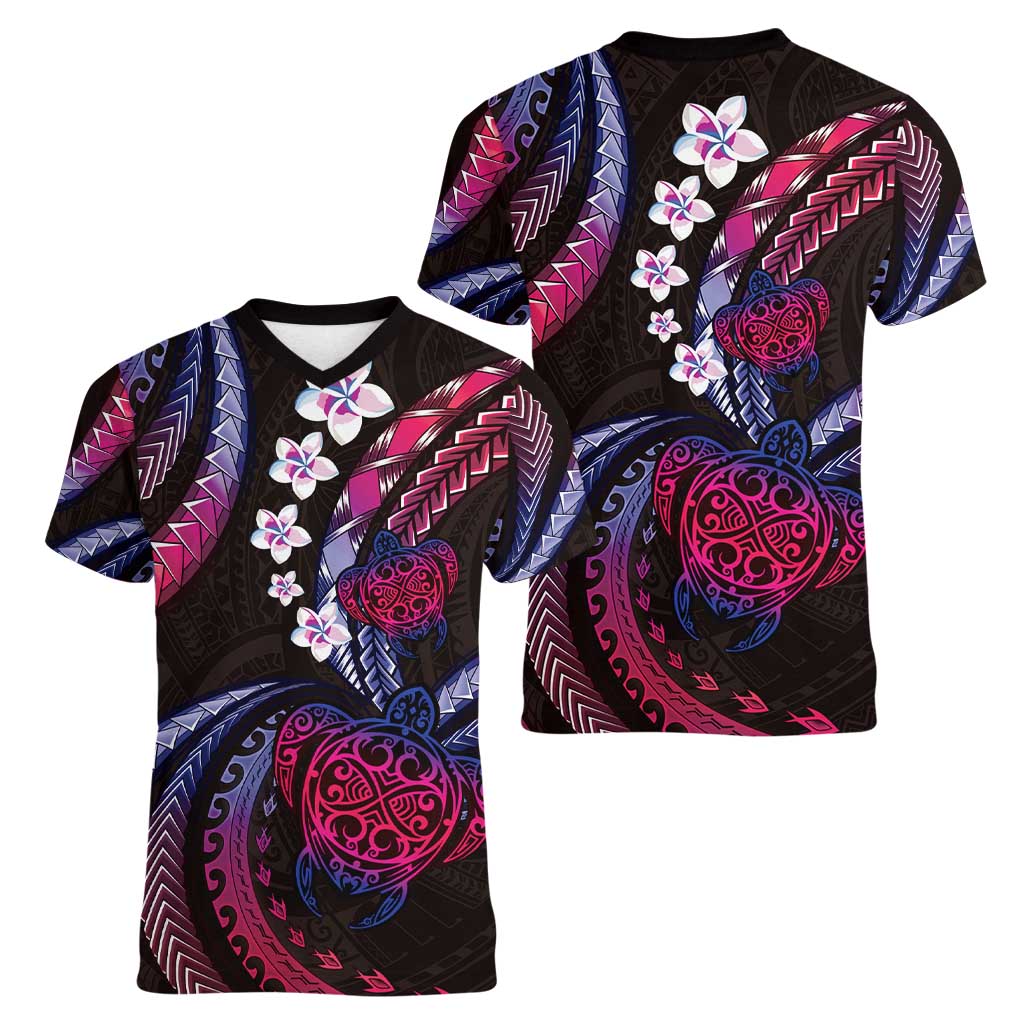 Hawaii Turtles Plumeria Women V-Neck T-Shirt Sweet Gradient Polynesian Pattern