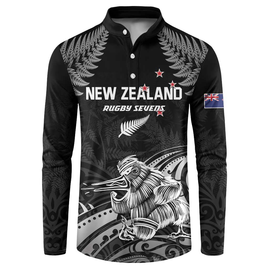 Custom New Zealand 2024 Rugby Button Sweatshirt Silver Fern Aotearoa Kiwi LT01 Black - Polynesian Pride