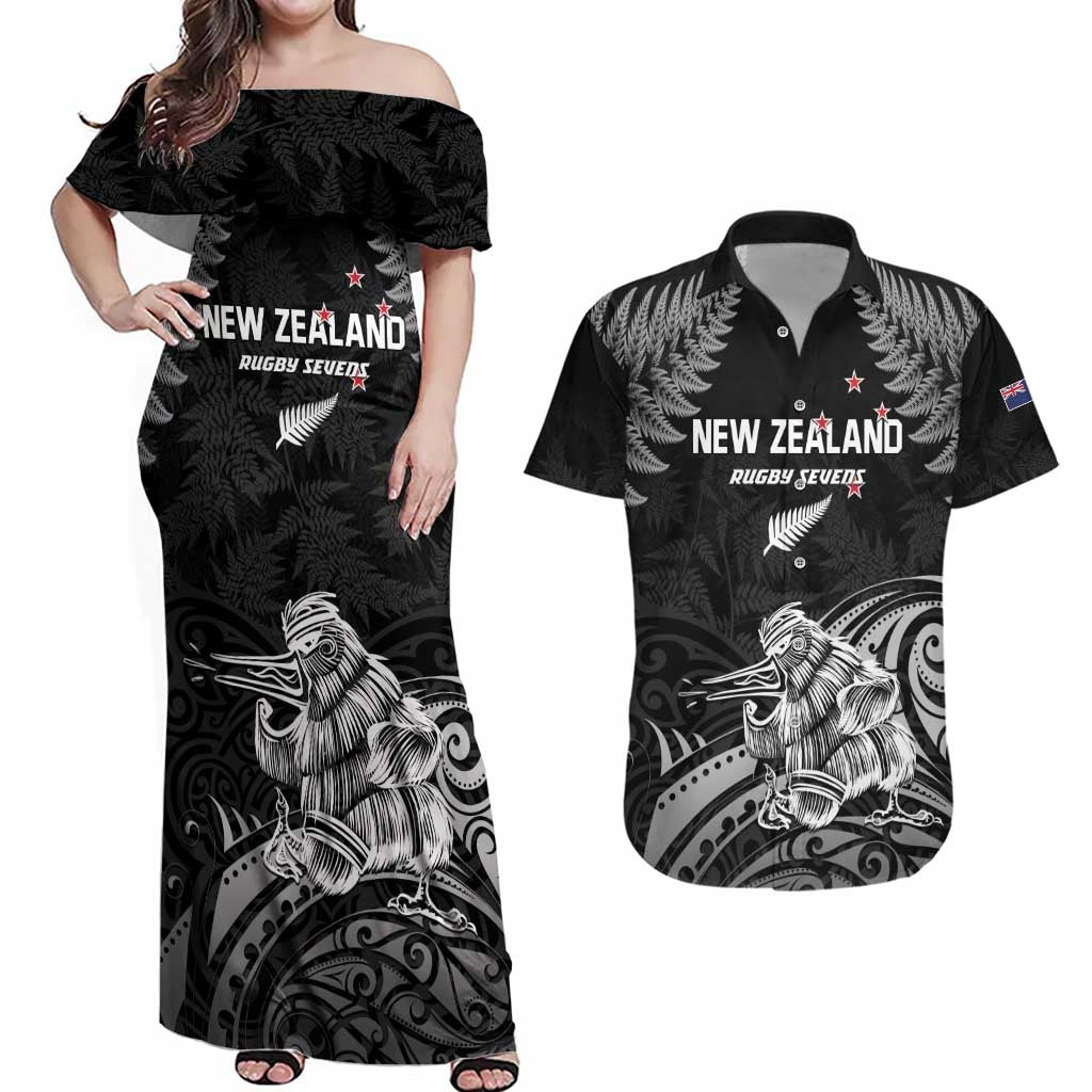 Custom New Zealand 2024 Rugby Couples Matching Off Shoulder Maxi Dress and Hawaiian Shirt Silver Fern Aotearoa Kiwi