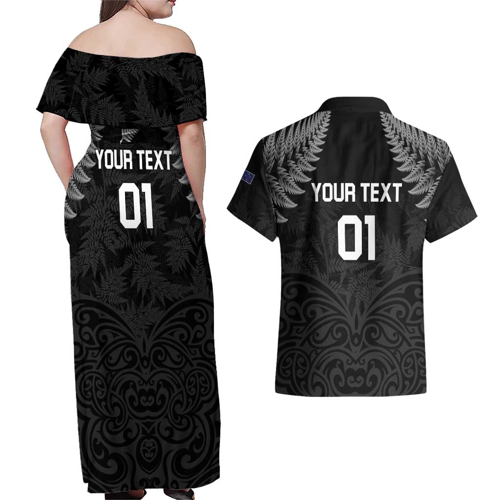 Custom New Zealand 2024 Rugby Couples Matching Off Shoulder Maxi Dress and Hawaiian Shirt Silver Fern Aotearoa Kiwi