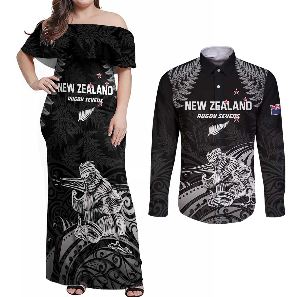 Custom New Zealand 2024 Rugby Couples Matching Off Shoulder Maxi Dress and Long Sleeve Button Shirt Silver Fern Aotearoa Kiwi