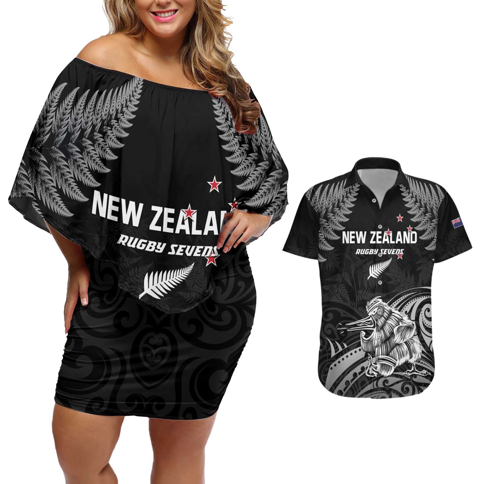 Custom New Zealand 2024 Rugby Couples Matching Off Shoulder Short Dress and Hawaiian Shirt Silver Fern Aotearoa Kiwi