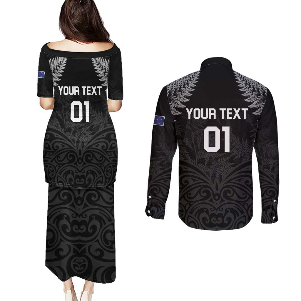 Custom New Zealand 2024 Rugby Couples Matching Puletasi and Long Sleeve Button Shirt Silver Fern Aotearoa Kiwi