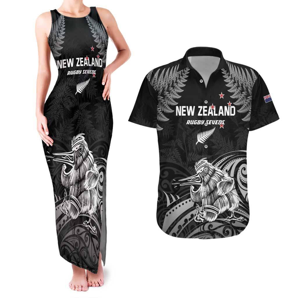 Custom New Zealand 2024 Rugby Couples Matching Tank Maxi Dress and Hawaiian Shirt Silver Fern Aotearoa Kiwi LT01 Black - Polynesian Pride