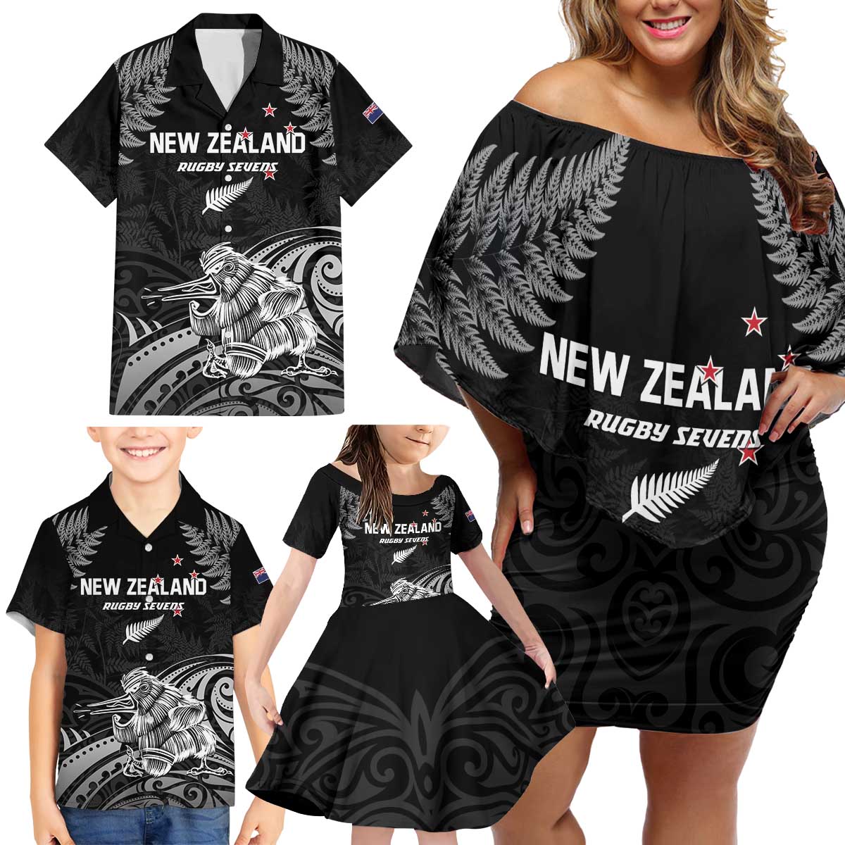 Custom New Zealand 2024 Rugby Family Matching Off Shoulder Short Dress and Hawaiian Shirt Silver Fern Aotearoa Kiwi
